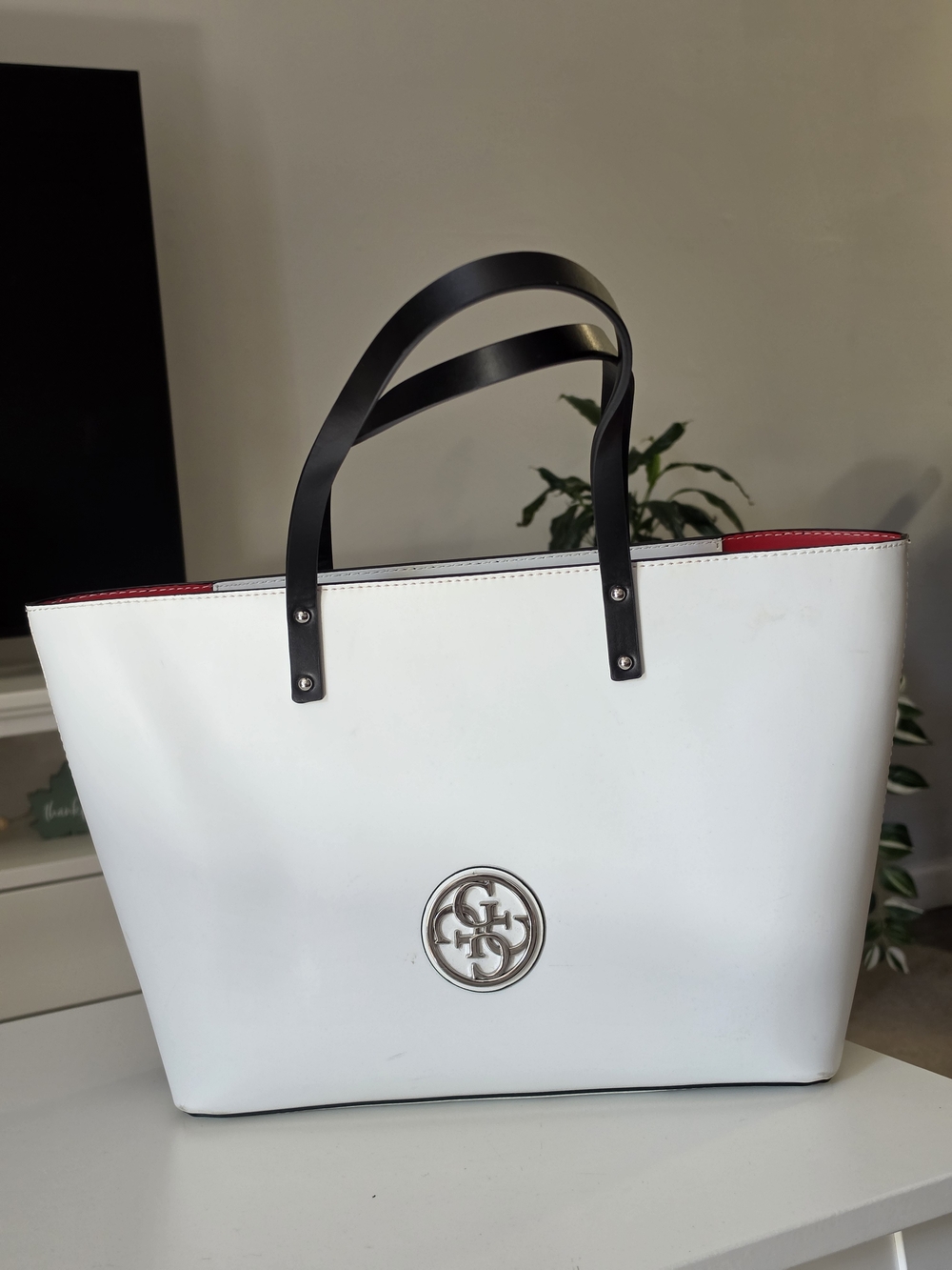 Guess White Tote Bag with Black Handles and Silver Logo Accent